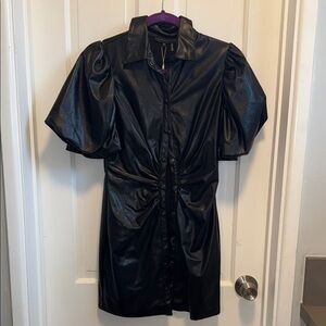 English Factory Black Faux Leather Dress with Puff Sleeves